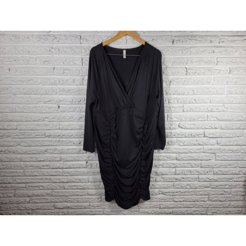 Poseshe Women's 4XL Plus Black Ruched Shirt Dress V-Neck Long Sleeve BLA138E